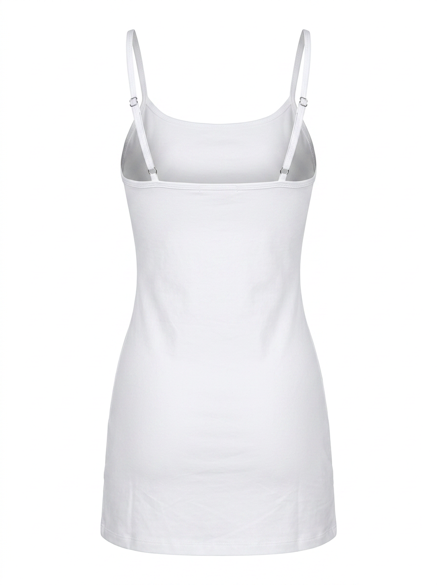 Ghost cut image of SQUARE NECK SPAGHETTI STRAP BODYCON MINI DRESS in white on a white background.