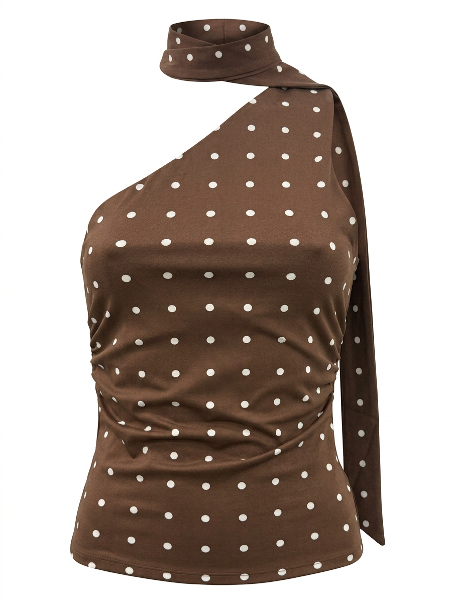 Ghost cut image of a brown ONE SHOULDER POLKA DOT RUCHED TOP WITH SCARF on a white background.