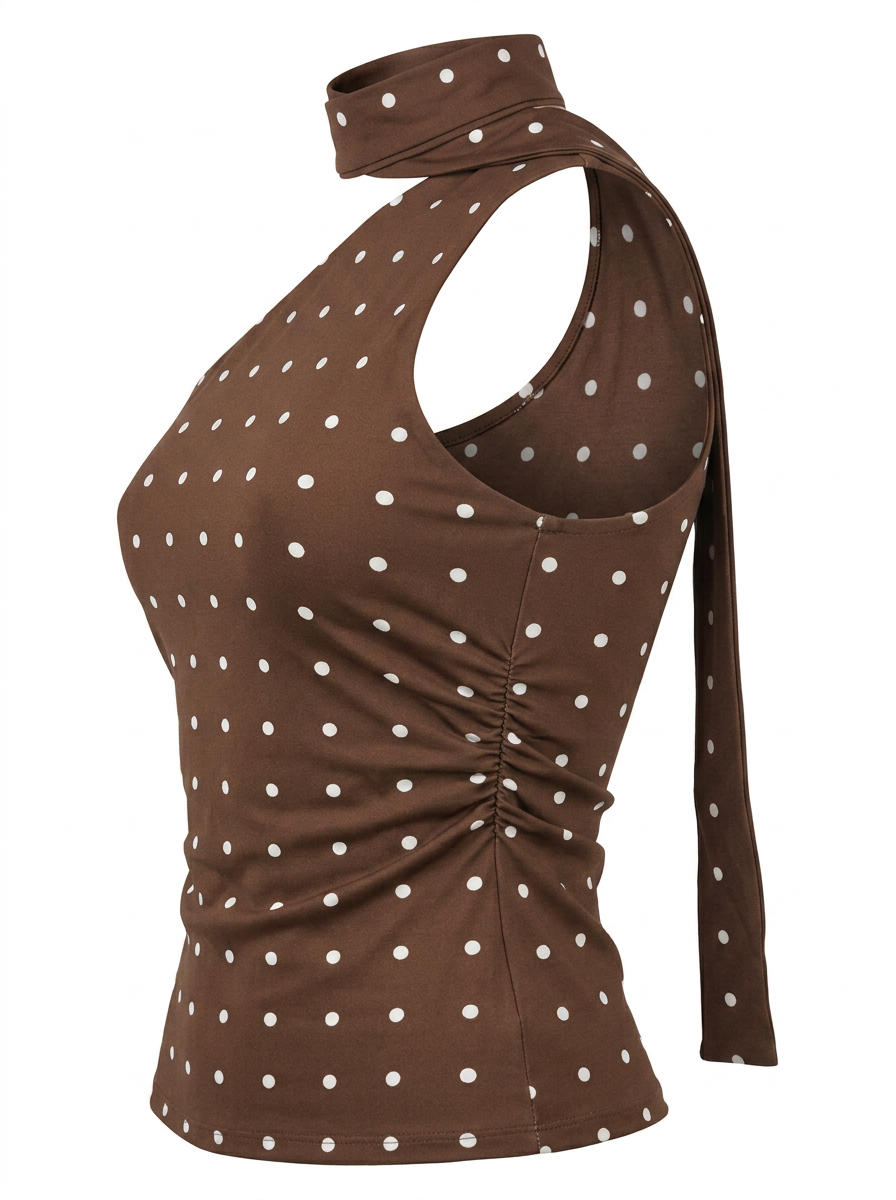 Ghost cut image of a brown ONE SHOULDER POLKA DOT RUCHED TOP WITH SCARF on a white background.