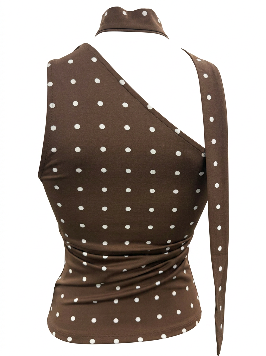 Ghost cut image of a brown ONE SHOULDER POLKA DOT RUCHED TOP WITH SCARF on a white background.