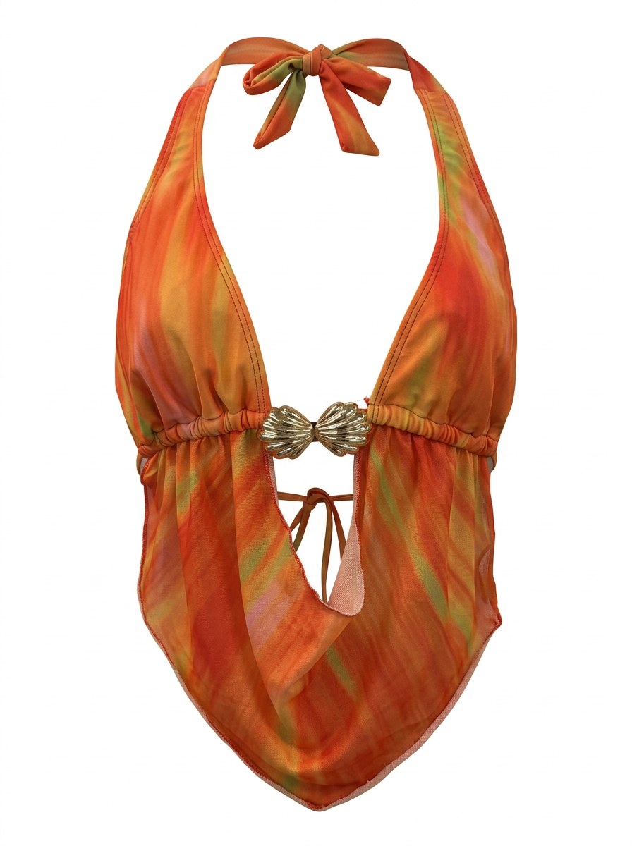 Ghost cut image of an orange HALTER NECK DEEP COWL METAL DETAIL TOP on a white background.