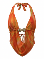 Ghost cut image of an orange HALTER NECK DEEP COWL METAL DETAIL TOP on a white background.