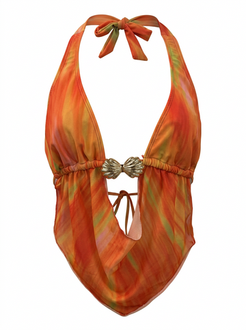 Ghost cut image of an orange HALTER NECK DEEP COWL METAL DETAIL TOP on a white background.