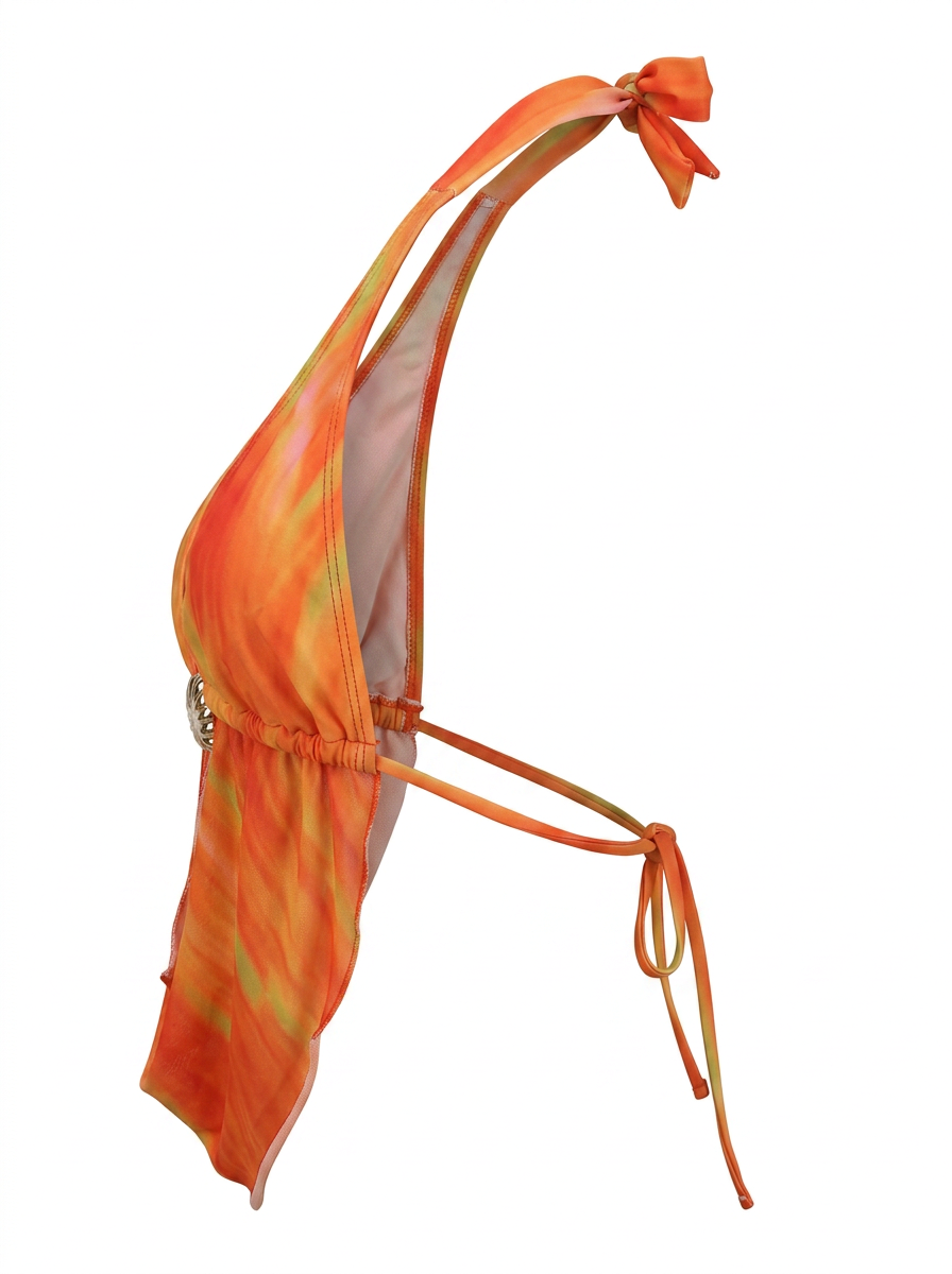 Ghost cut image of an orange HALTER NECK DEEP COWL METAL DETAIL TOP on a white background.