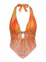 Ghost cut image of an orange HALTER NECK DEEP COWL METAL DETAIL TOP on a white background.