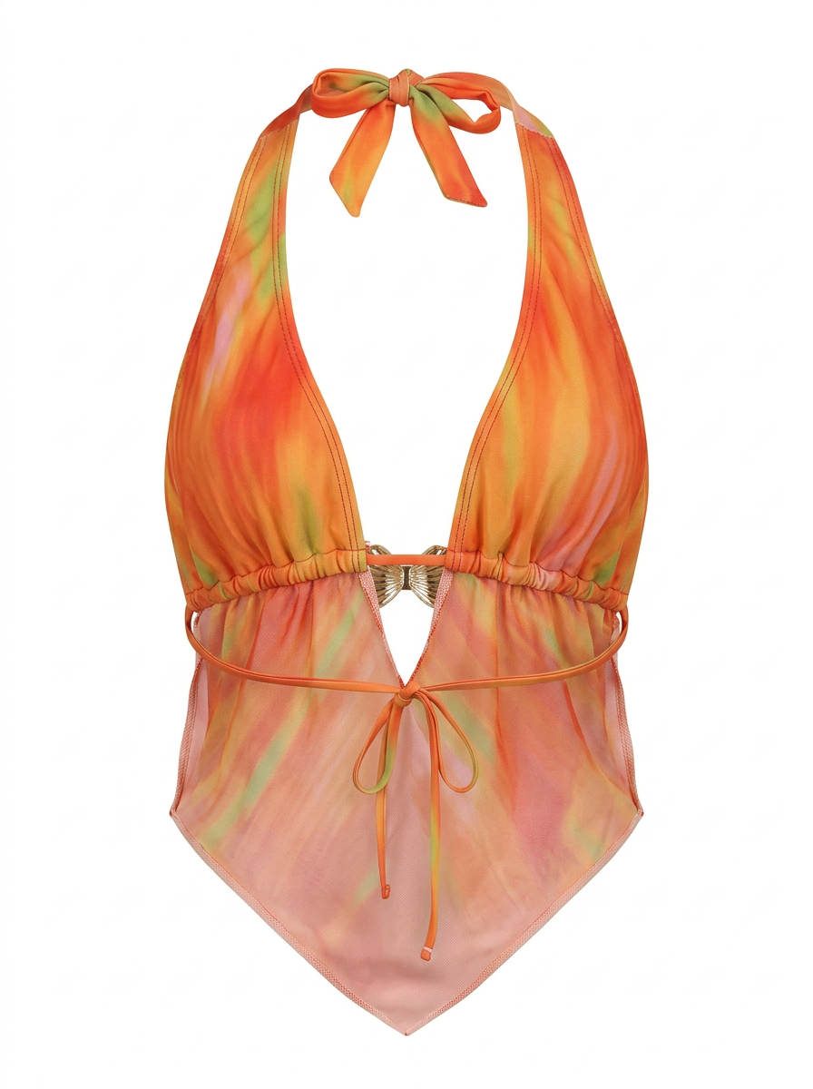Ghost cut image of an orange HALTER NECK DEEP COWL METAL DETAIL TOP on a white background.