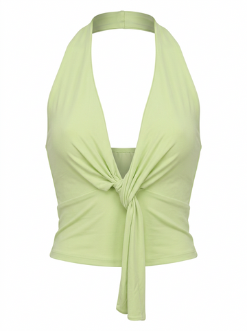 Ghost cut image of a melon green PLUNGING HALTER TWISTED TIE FRONT CROP TOP on a white background.