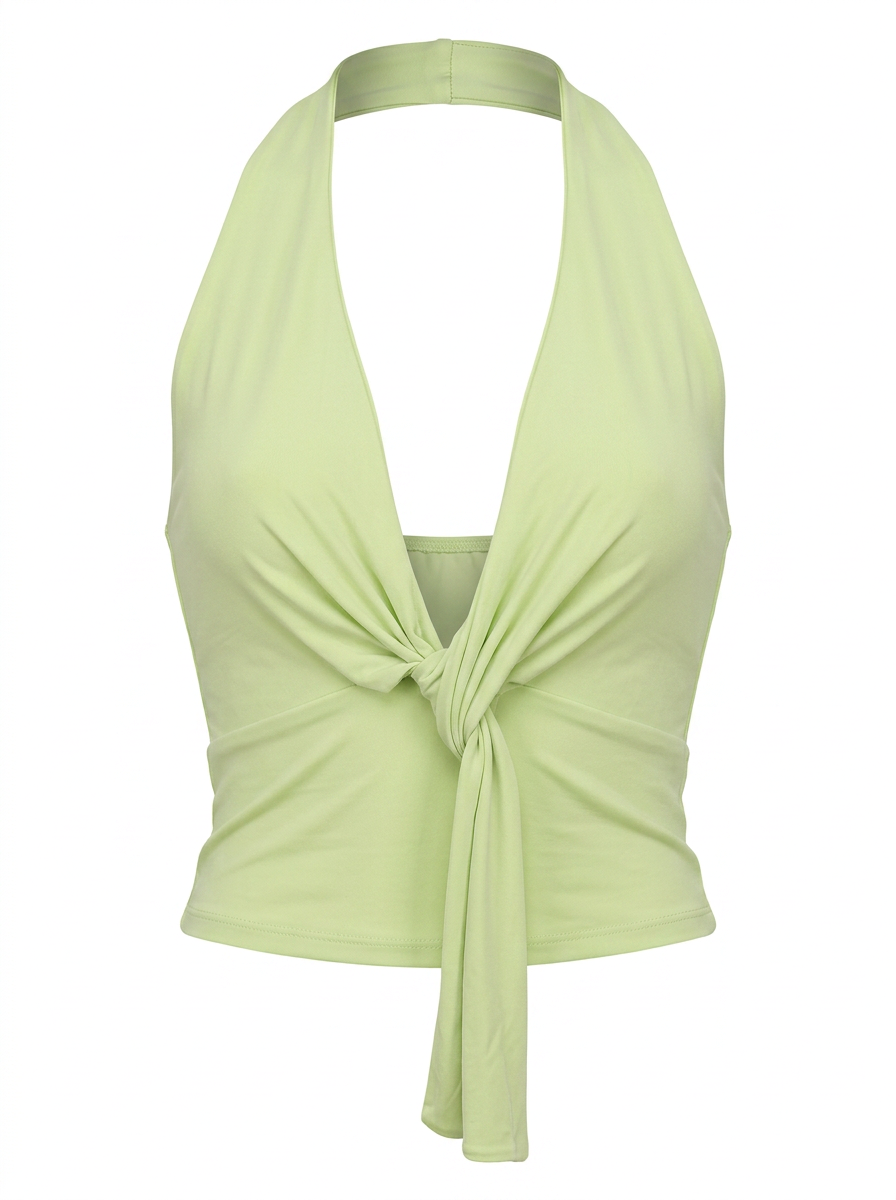 Ghost cut image of a melon green PLUNGING HALTER TWISTED TIE FRONT CROP TOP on a white background.