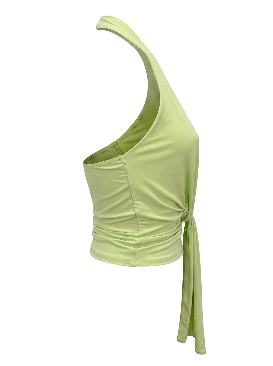 Ghost cut image of a melon green PLUNGING HALTER TWISTED TIE FRONT CROP TOP on a white background.