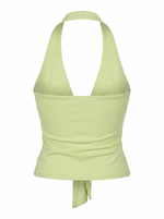 Ghost cut image of a melon green PLUNGING HALTER TWISTED TIE FRONT CROP TOP on a white background.