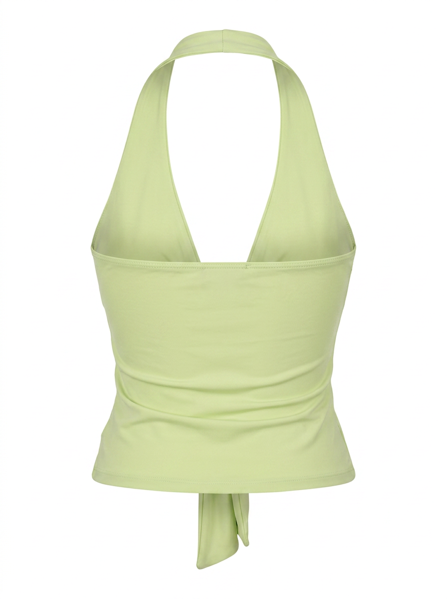 Ghost cut image of a melon green PLUNGING HALTER TWISTED TIE FRONT CROP TOP on a white background.