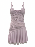 Ghost cut image of a lavender LACE DETAIL RUCHED BODICE CAMI MINI DRESS on a white background.