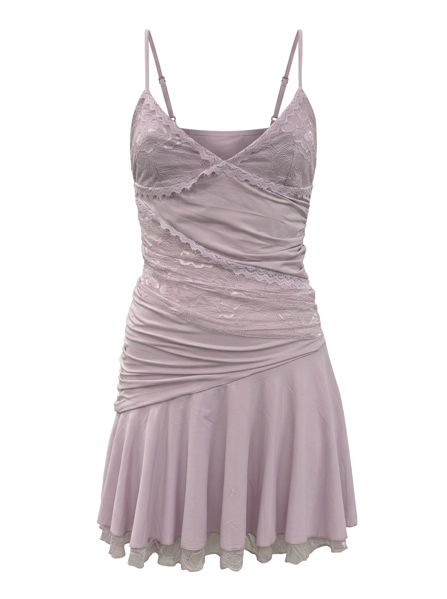 Ghost cut image of a lavender LACE DETAIL RUCHED BODICE CAMI MINI DRESS on a white background.