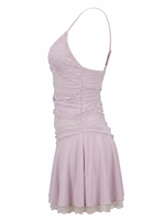 Ghost cut image of a lavender LACE DETAIL RUCHED BODICE CAMI MINI DRESS on a white background.