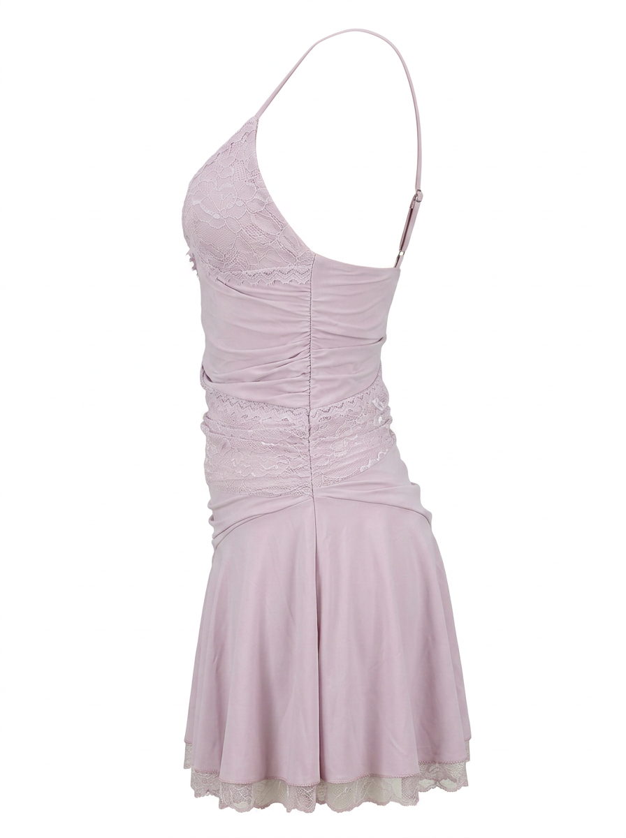 Ghost cut image of a lavender LACE DETAIL RUCHED BODICE CAMI MINI DRESS on a white background.