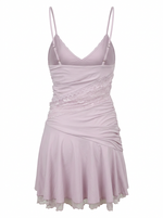 Ghost cut image of a lavender LACE DETAIL RUCHED BODICE CAMI MINI DRESS on a white background.