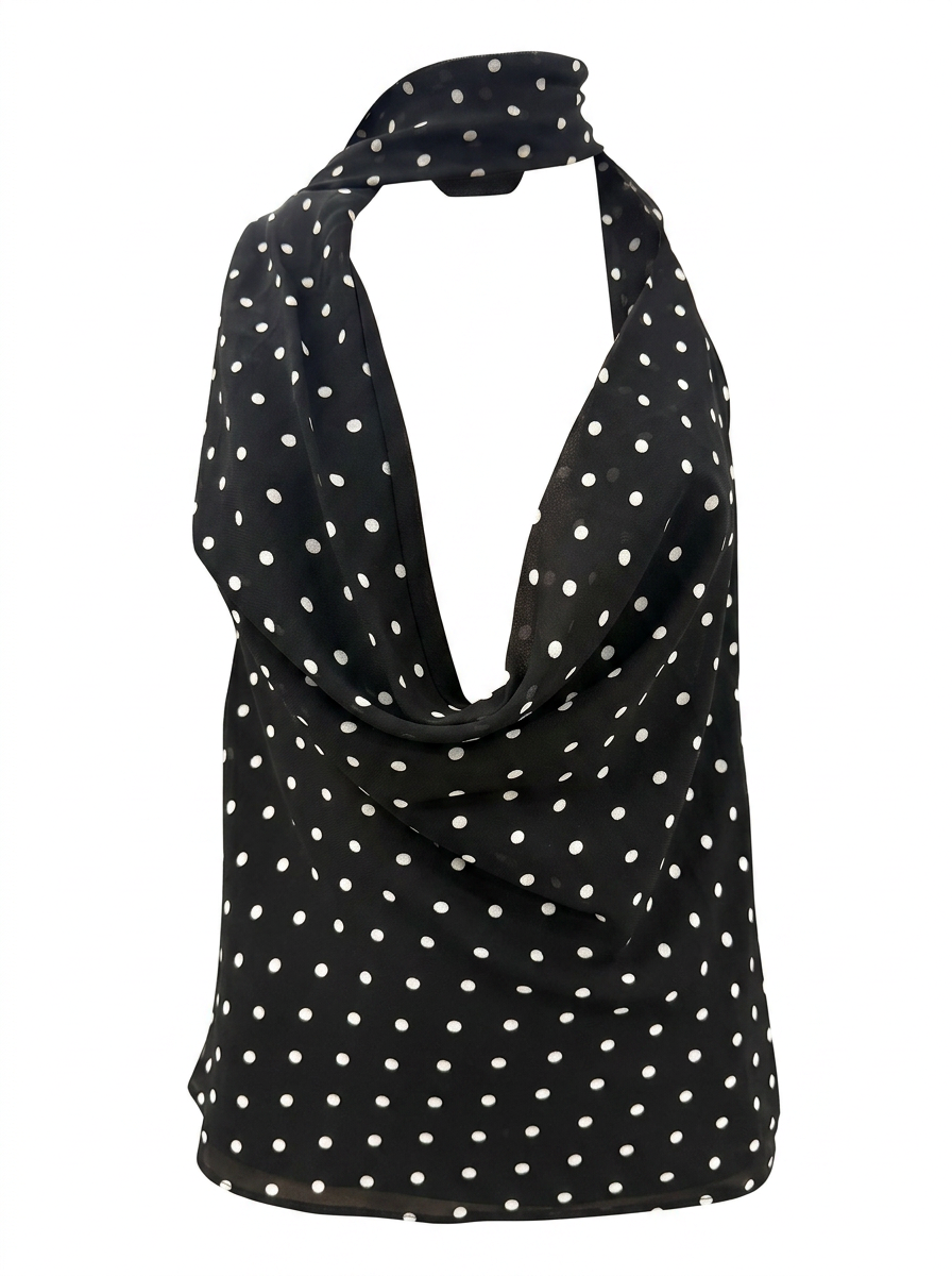 Ghost cut image of a black POLKA DOT COWL NECK TOP WITH SCARF on a white background. 
