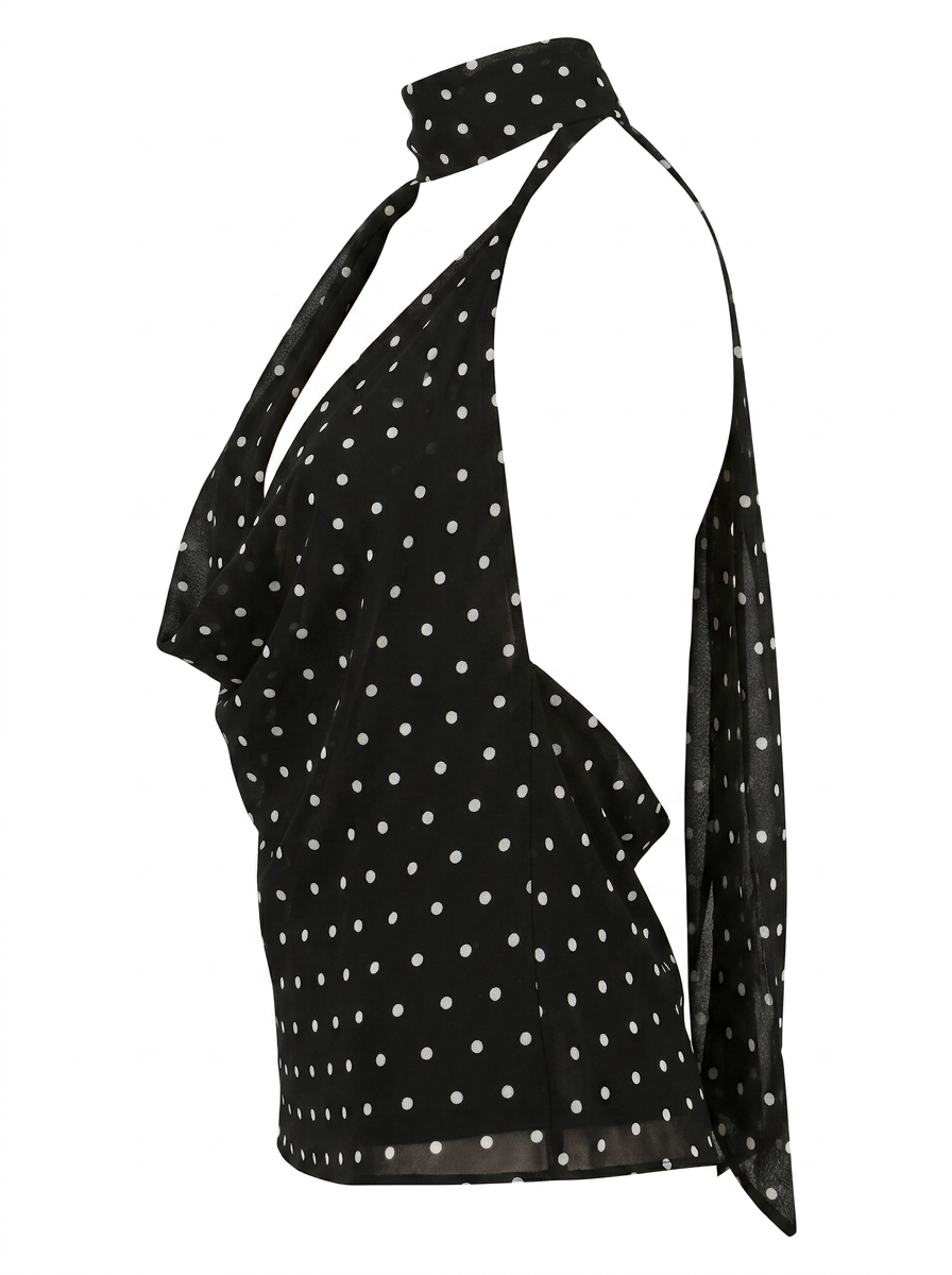 Ghost cut image of a black POLKA DOT COWL NECK TOP WITH SCARF on a white background. 