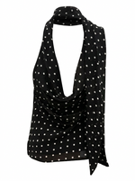 Ghost cut image of a black POLKA DOT COWL NECK TOP WITH SCARF on a white background. 