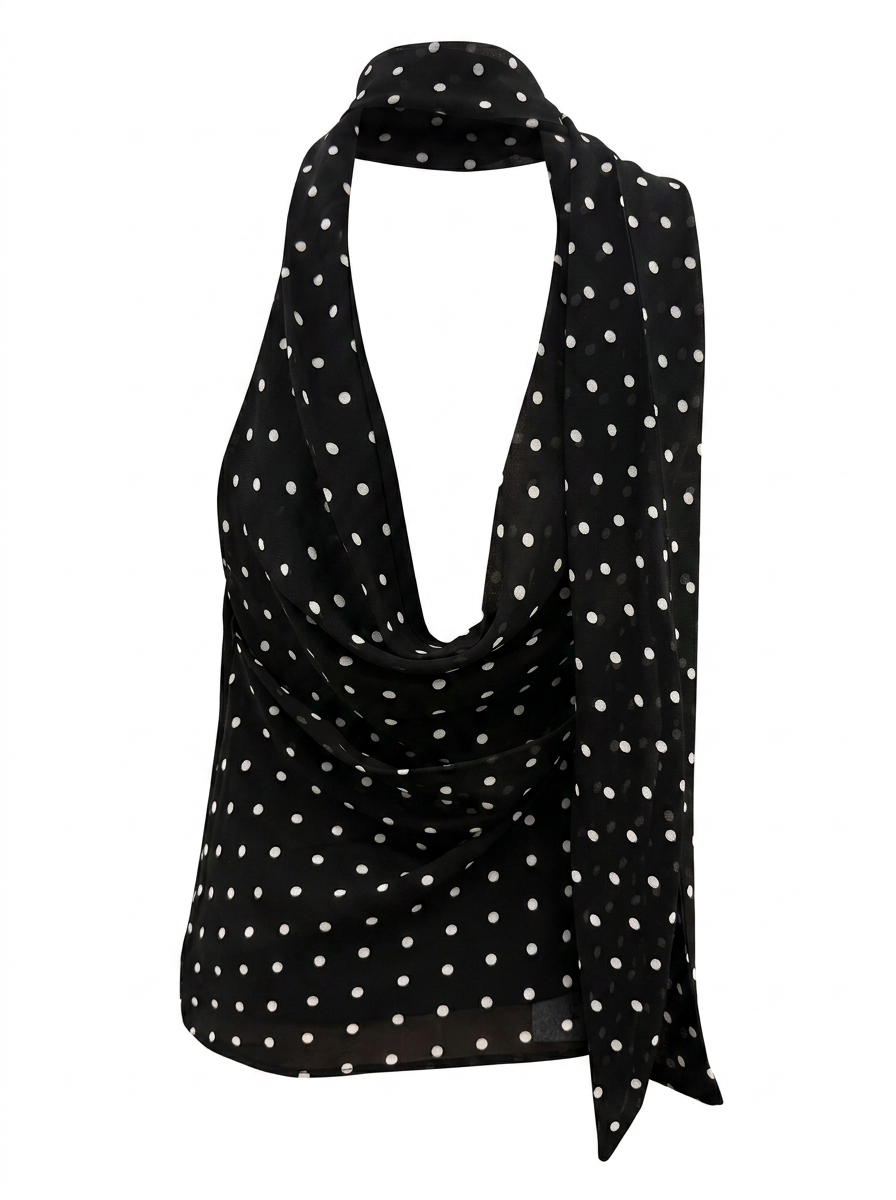 Ghost cut image of a black POLKA DOT COWL NECK TOP WITH SCARF on a white background. 