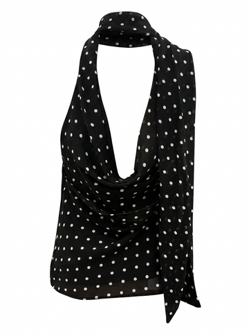 Ghost cut image of a black POLKA DOT COWL NECK TOP WITH SCARF on a white background. 