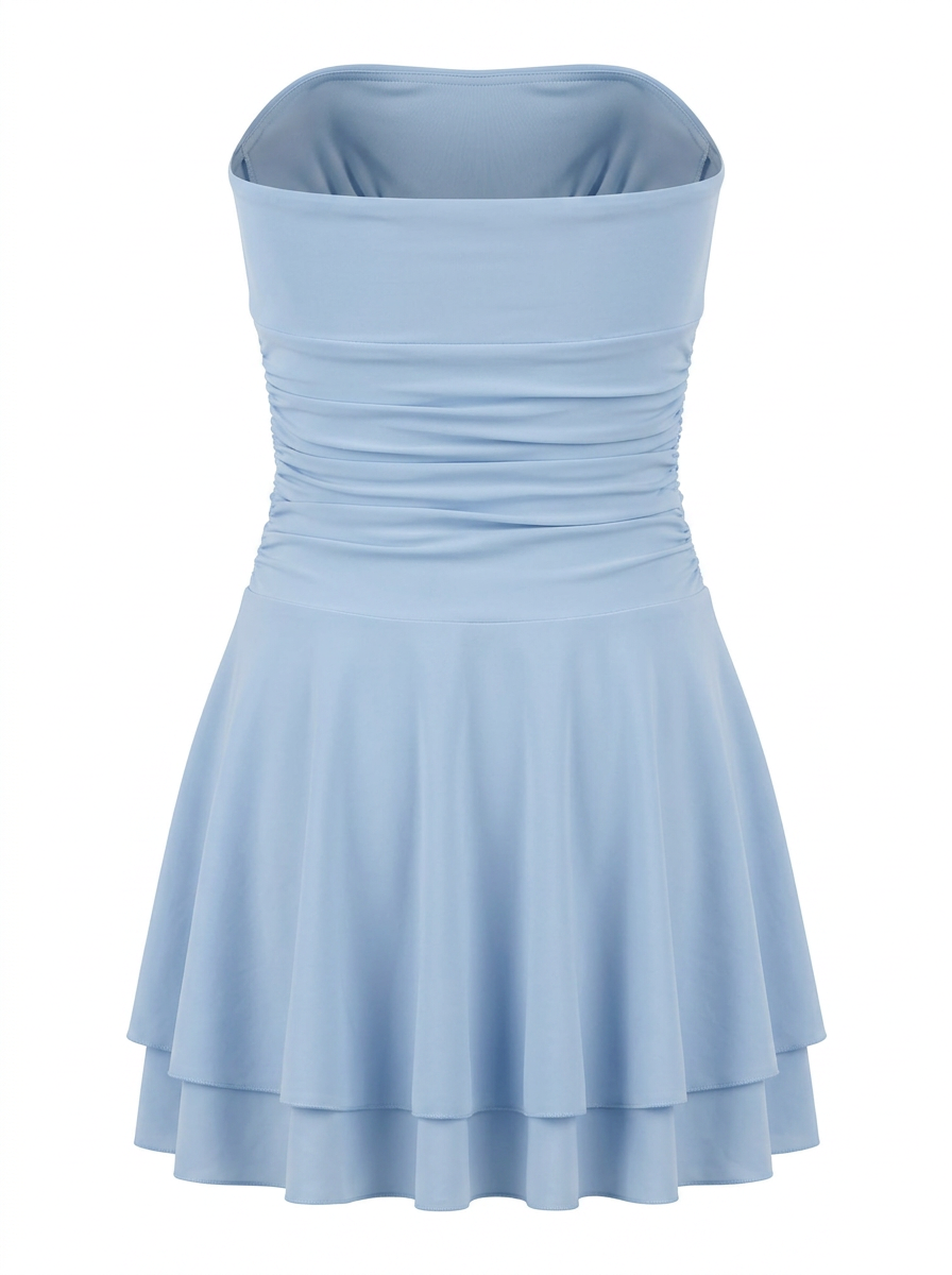 RUCHED BODICE RUFFLE SKIRT STRAPLESS MINI DRESS