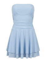 RUCHED BODICE RUFFLE SKIRT STRAPLESS MINI DRESS