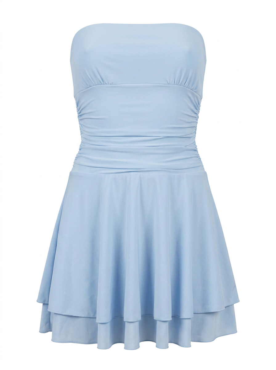 RUCHED BODICE RUFFLE SKIRT STRAPLESS MINI DRESS