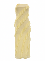 Ghost cut image of a light-yellow STRAPLESS BIAS RUFFLES KNIT MAXI DRESS on a white background. 