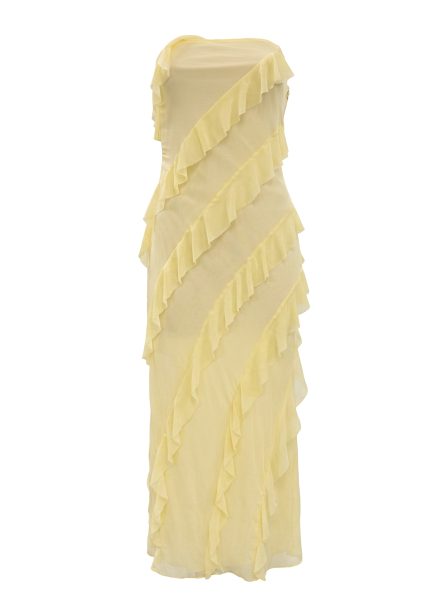 Ghost cut image of a light-yellow STRAPLESS BIAS RUFFLES KNIT MAXI DRESS on a white background. 