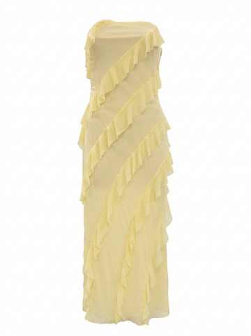 Ghost cut image of a light-yellow STRAPLESS BIAS RUFFLES KNIT MAXI DRESS on a white background. 
