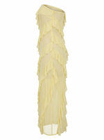 Ghost cut image of a light-yellow STRAPLESS BIAS RUFFLES KNIT MAXI DRESS on a white background. 