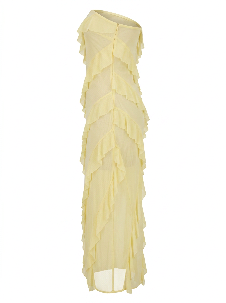Ghost cut image of a light-yellow STRAPLESS BIAS RUFFLES KNIT MAXI DRESS on a white background. 