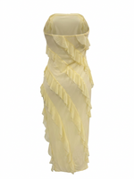 Ghost cut image of a light-yellow STRAPLESS BIAS RUFFLES KNIT MAXI DRESS on a white background. 