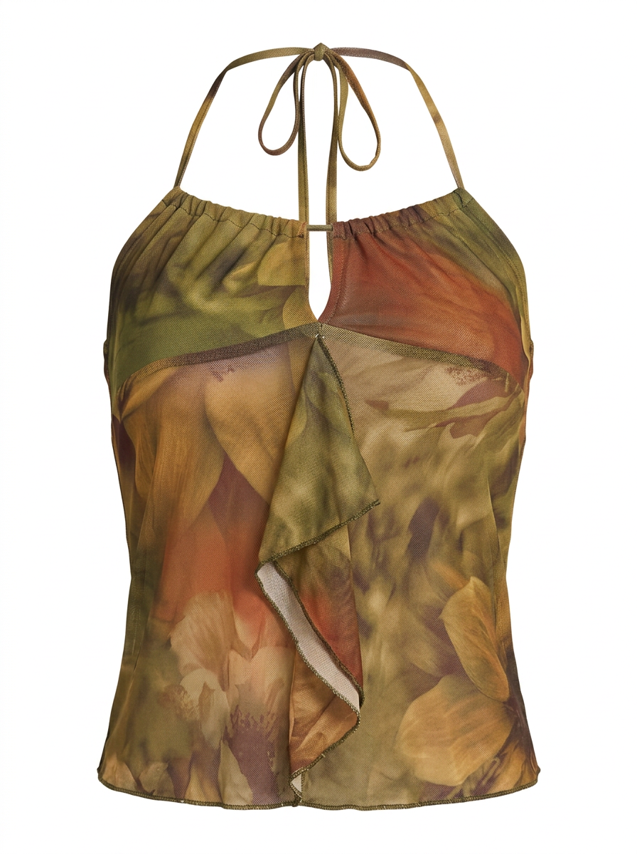 Ghost cut image of a green TIE NECK FLORAL MESH BUTTERFLY CROP TOP on a white background. 