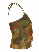 Ghost cut image of a green TIE NECK FLORAL MESH BUTTERFLY CROP TOP on a white background. 