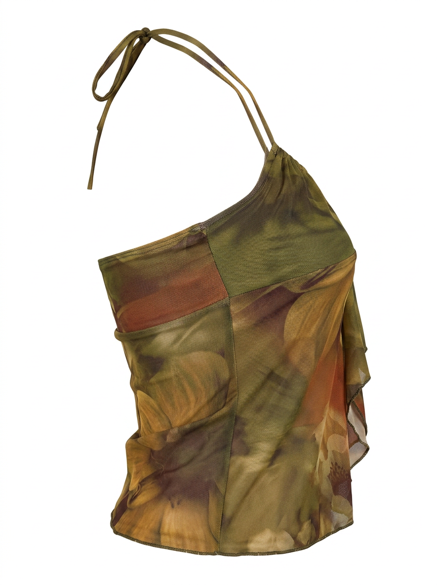 Ghost cut image of a green TIE NECK FLORAL MESH BUTTERFLY CROP TOP on a white background. 