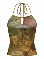Ghost cut image of a green TIE NECK FLORAL MESH BUTTERFLY CROP TOP on a white background. 