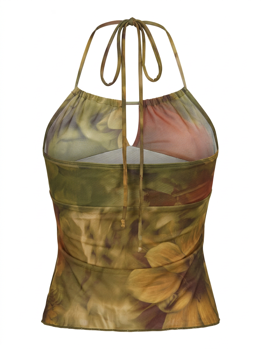 Ghost cut image of a green TIE NECK FLORAL MESH BUTTERFLY CROP TOP on a white background. 