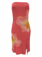 Ghost cut image of a coral FLORAL STRAPLESS MIDI DRESS WITH SIDE SLIT on a white background. 
