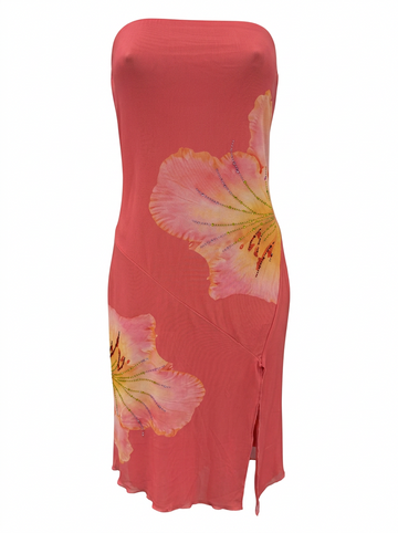 Ghost cut image of a coral FLORAL STRAPLESS MIDI DRESS WITH SIDE SLIT on a white background. 