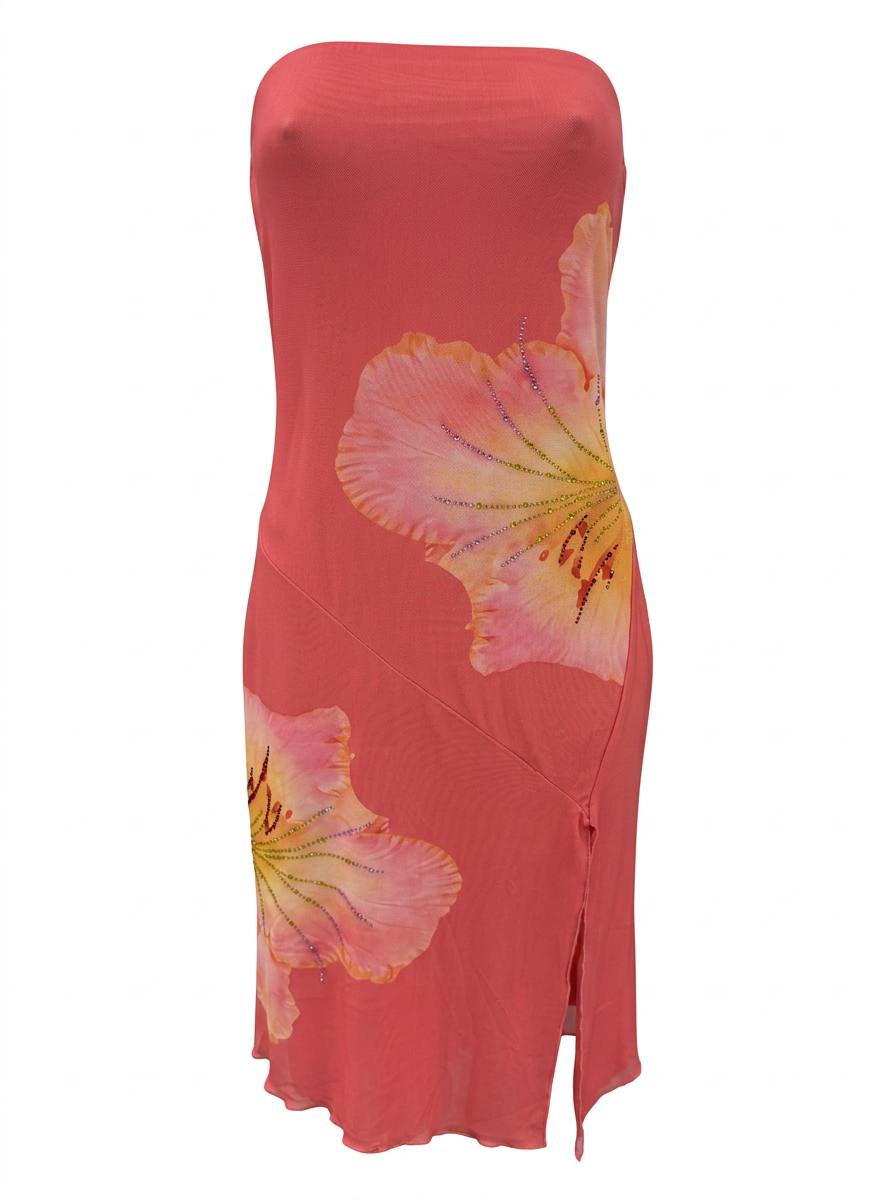 Ghost cut image of a coral FLORAL STRAPLESS MIDI DRESS WITH SIDE SLIT on a white background. 
