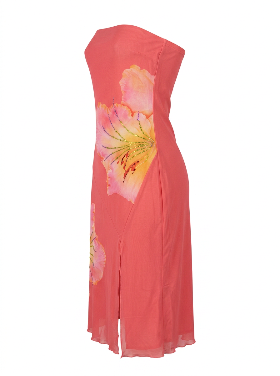 Ghost cut image of a coral FLORAL STRAPLESS MIDI DRESS WITH SIDE SLIT on a white background. 
