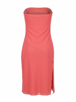 Ghost cut image of a coral FLORAL STRAPLESS MIDI DRESS WITH SIDE SLIT on a white background. 