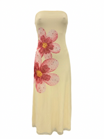Ghost cut image of a butter yellow MESH FLORAL RHINESTONE STRAPLESS MAXI DRESS on a white background.