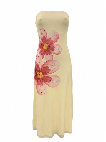 Ghost cut image of a butter yellow MESH FLORAL RHINESTONE STRAPLESS MAXI DRESS on a white background.