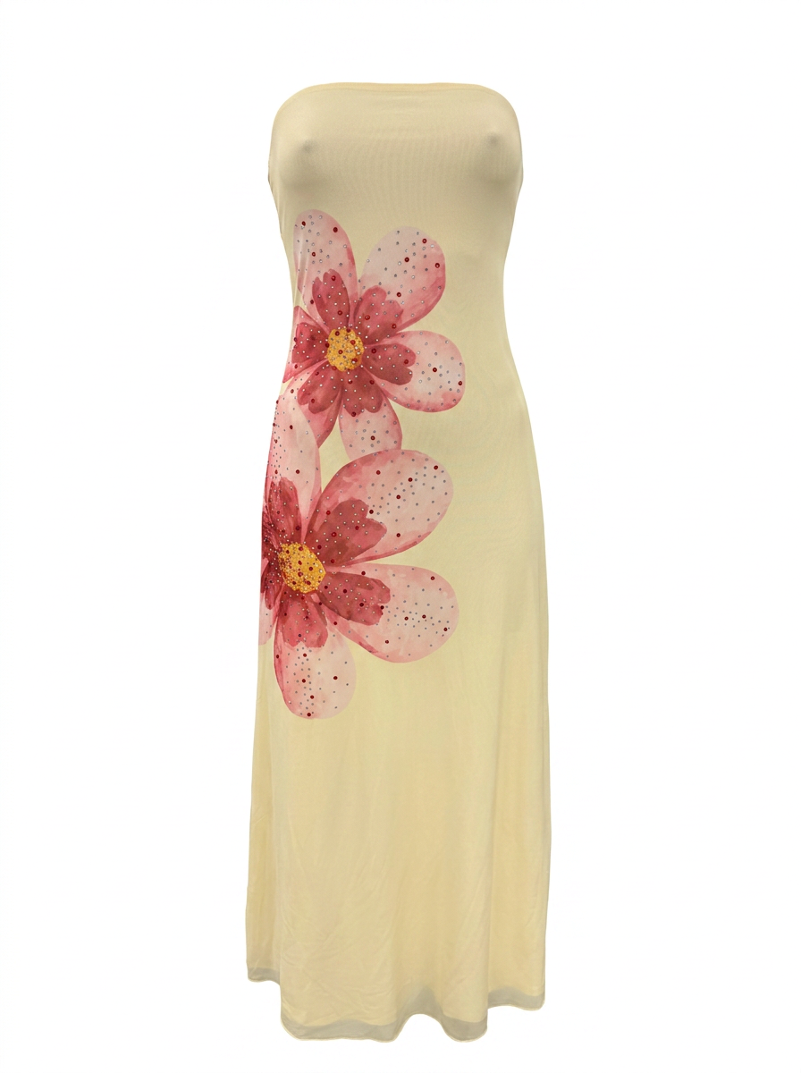 Ghost cut image of a butter yellow MESH FLORAL RHINESTONE STRAPLESS MAXI DRESS on a white background.