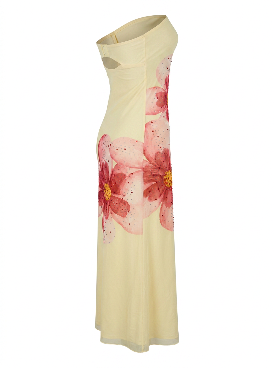 Ghost cut image of a butter yellow MESH FLORAL RHINESTONE STRAPLESS MAXI DRESS on a white background.