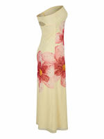 Ghost cut image of a butter yellow MESH FLORAL RHINESTONE STRAPLESS MAXI DRESS on a white background.