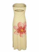 Ghost cut image of a butter yellow MESH FLORAL RHINESTONE STRAPLESS MAXI DRESS on a white background.